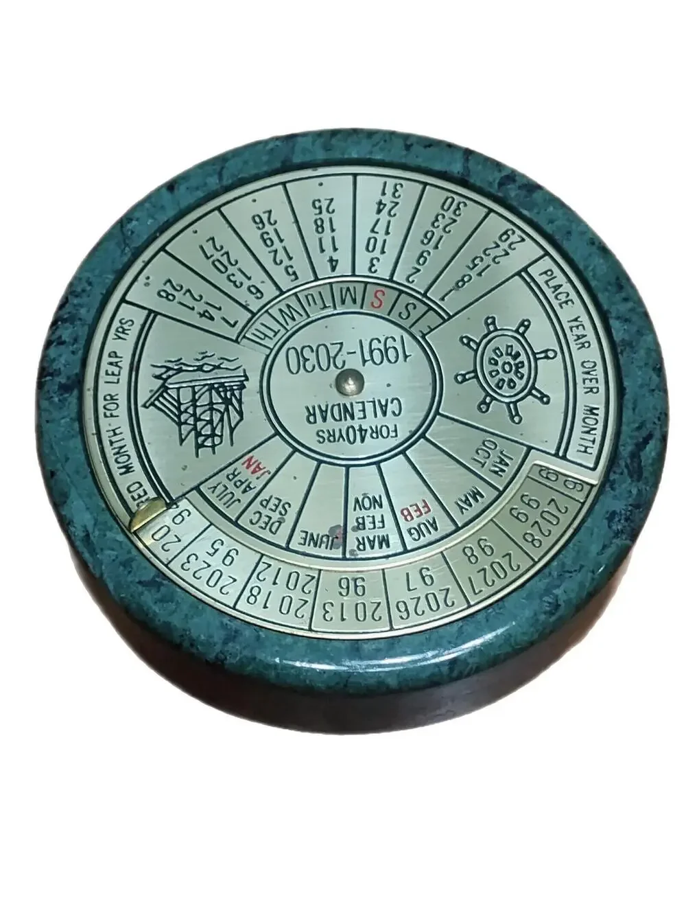 Vintage 19991-2030 Marble Brass 40 Year Perpetual Calendar Paper Weight Rare
